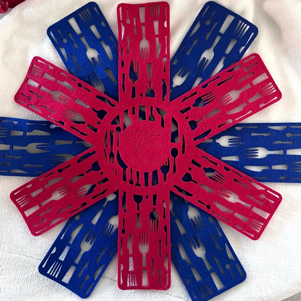 CORE KITCHEN Set of 2 Pot & Pan Felt Protector Pads Red & Blue Utensil Patterned